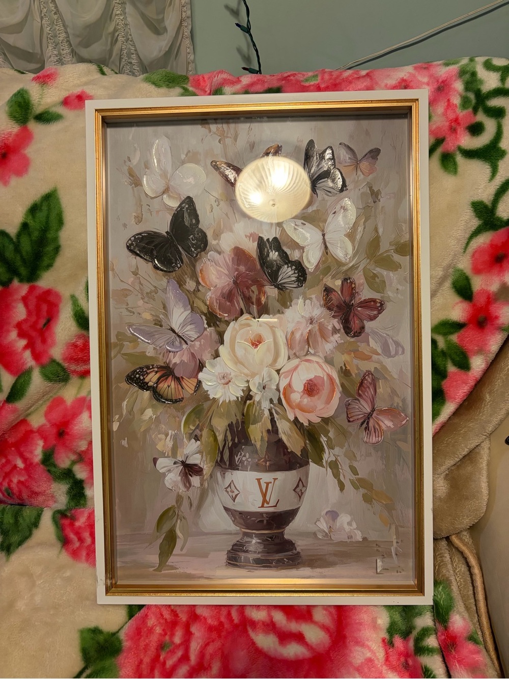 Floral & Butterfly Framed Art Print in Pink, Cream and Green
